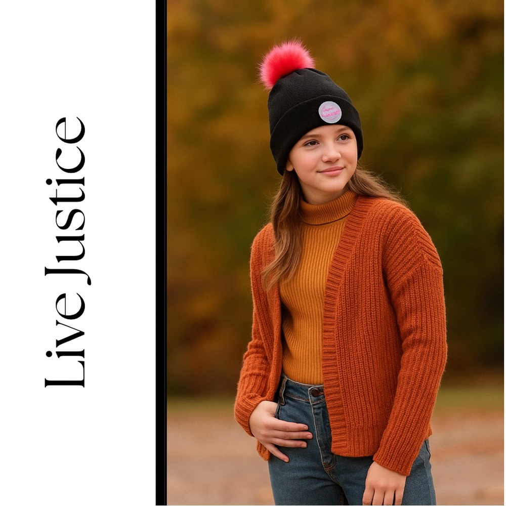 Live Justice Beanie & Gloves Set – Black with Pink Pom | NEW with Tags